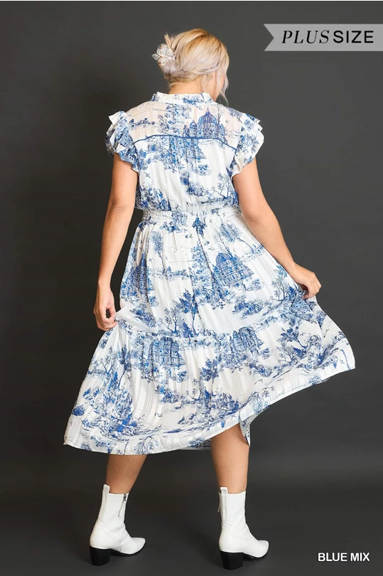 Umgee Sky Blue Two Tone Landscape Print Midi Dress