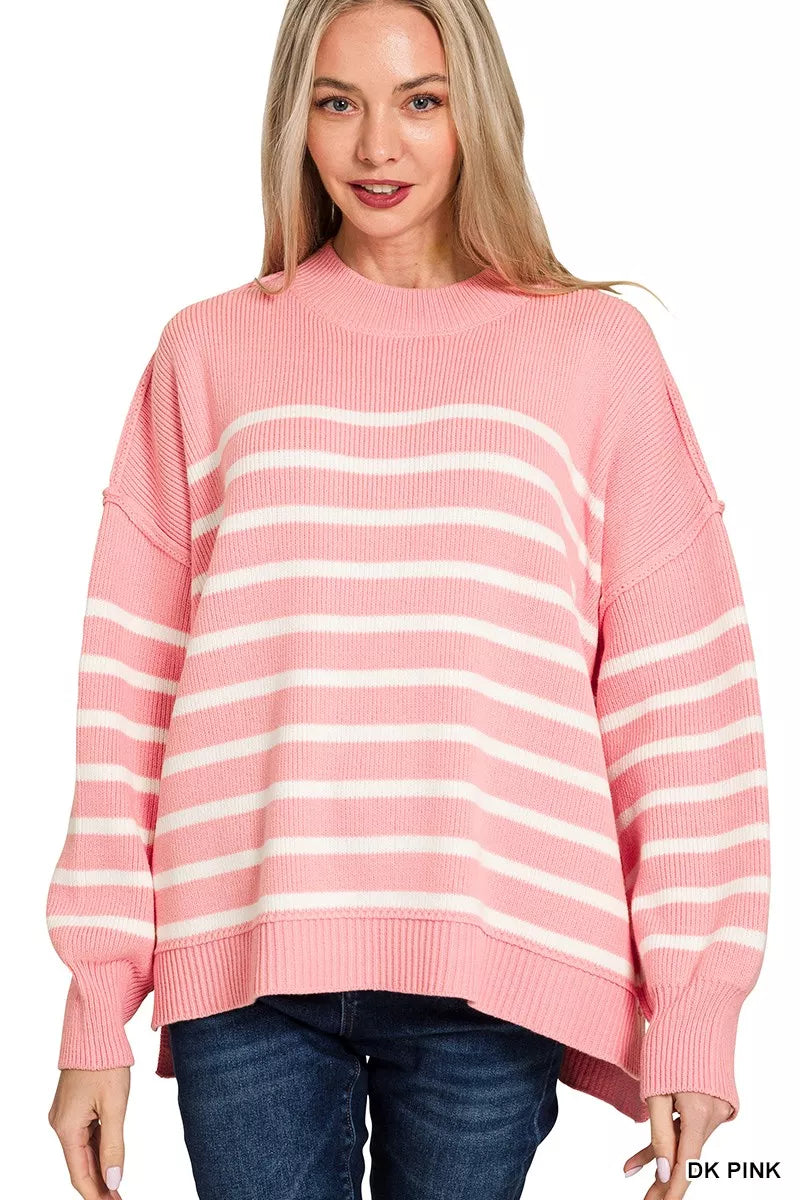 Zenana Dark Pink Exposed Seam Striped Oversized Sweater