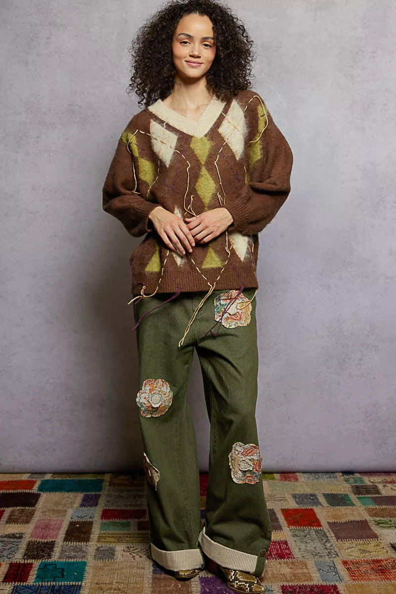 POL V-Neck Argyle Pattern Mohair Sweater with Contrast Exposed Stitch Detail