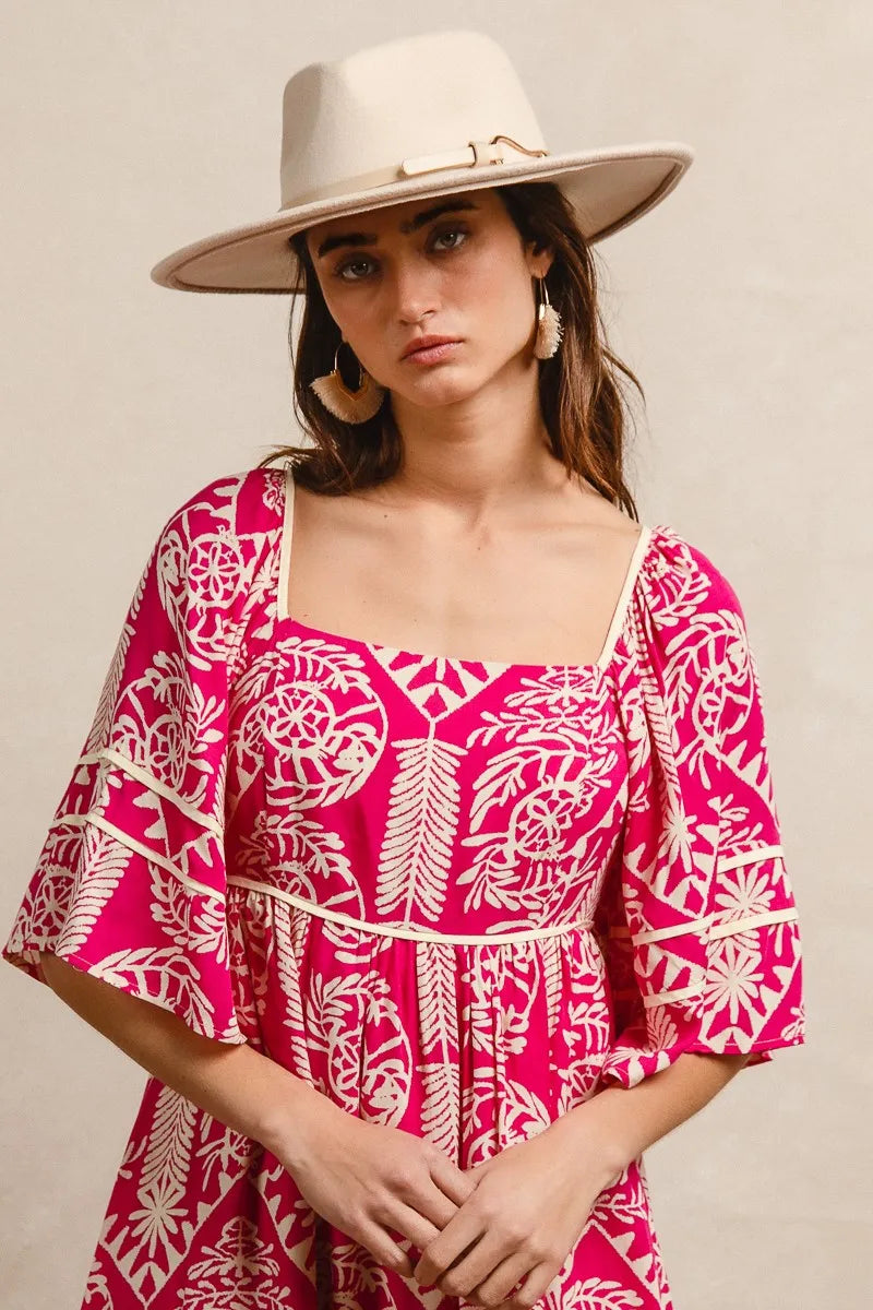 BiBi Fuchsia Aztec Woven Printed Contrast Binding Dress