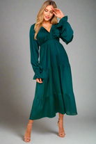 Haptics Elegant Hunter Green Elastic V Neck Tiered Satin Maxi Dress