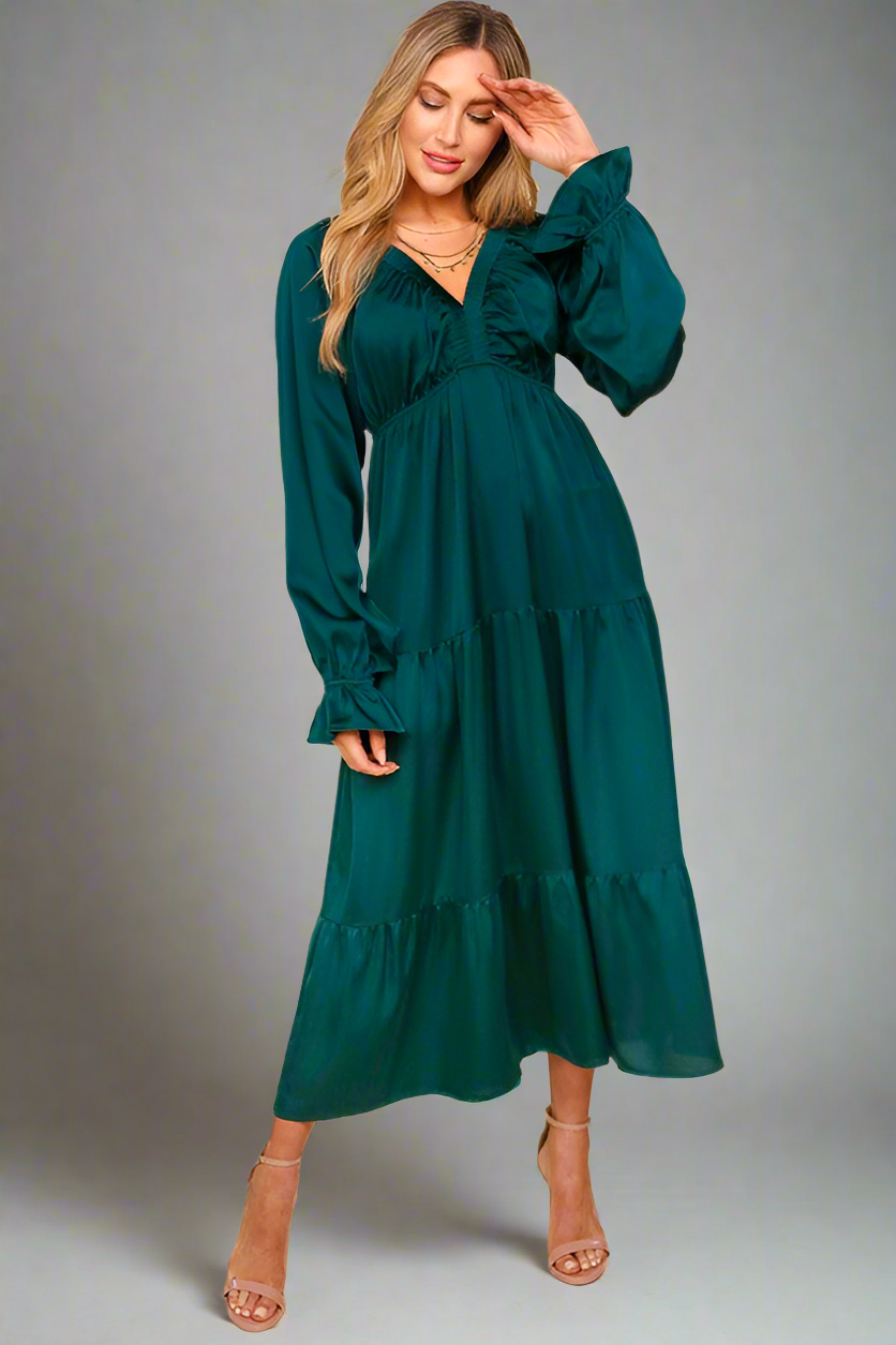Haptics Elegant Hunter Green Elastic V Neck Tiered Satin Maxi Dress