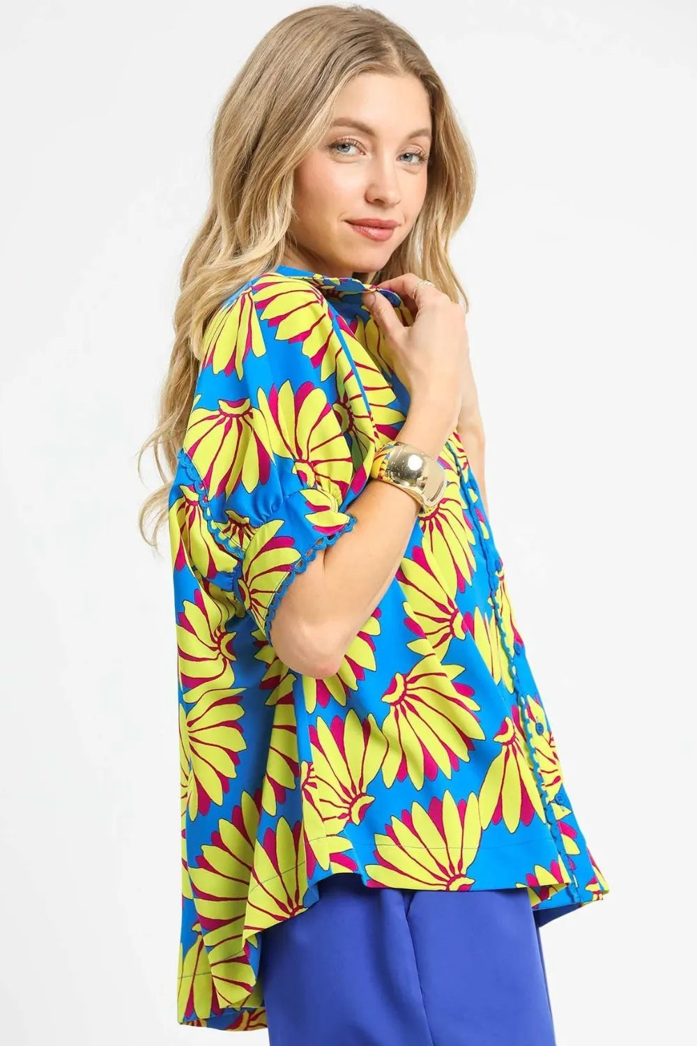 Umgee Blue Tropical Print Button-Up Shirt