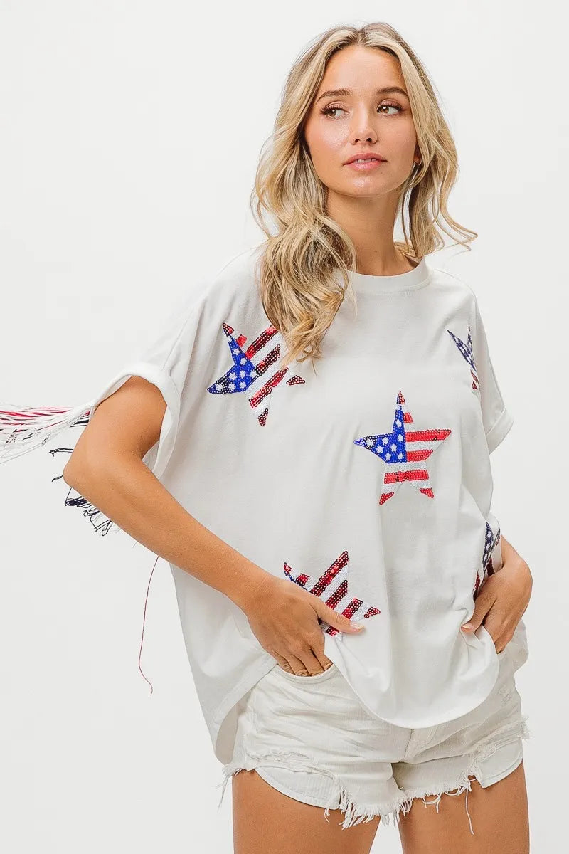 BiBi American Flag Sequin Star Fringe Top
