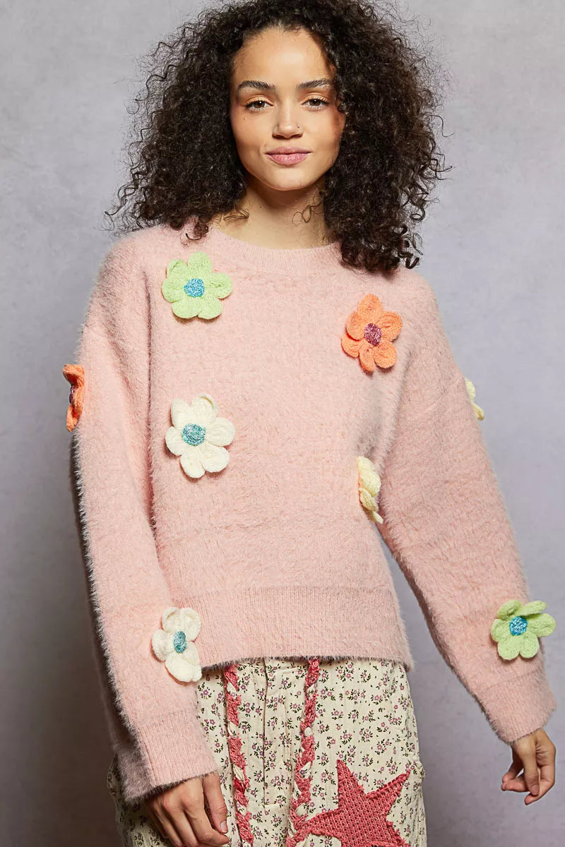 POL Pink Round Neck Long Sleeve Sweater with 3D Floral Patch Detail ROSE PINK