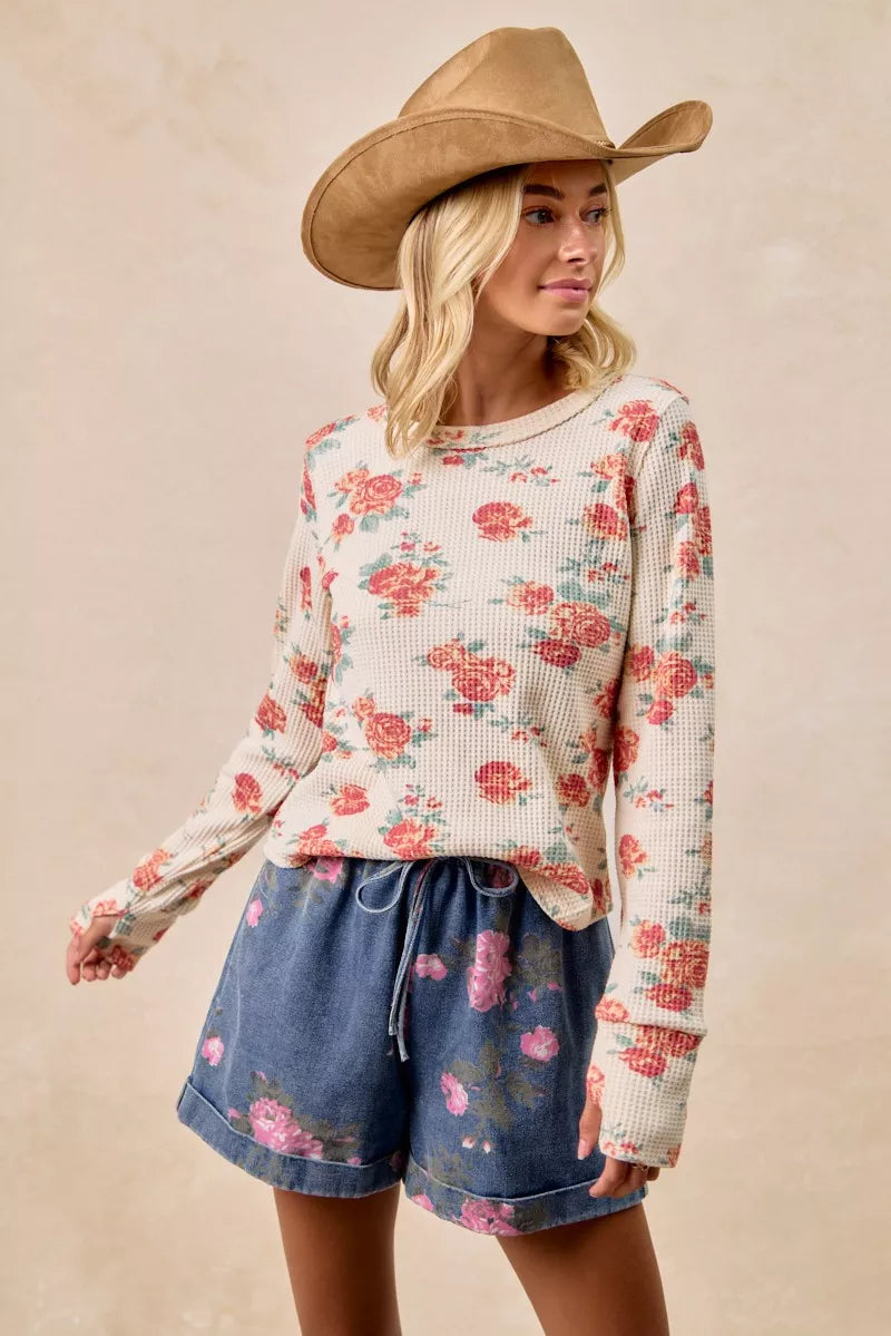 BiBi Oatmeal Floral Print Washed Waffle Thermal Top With Thumb