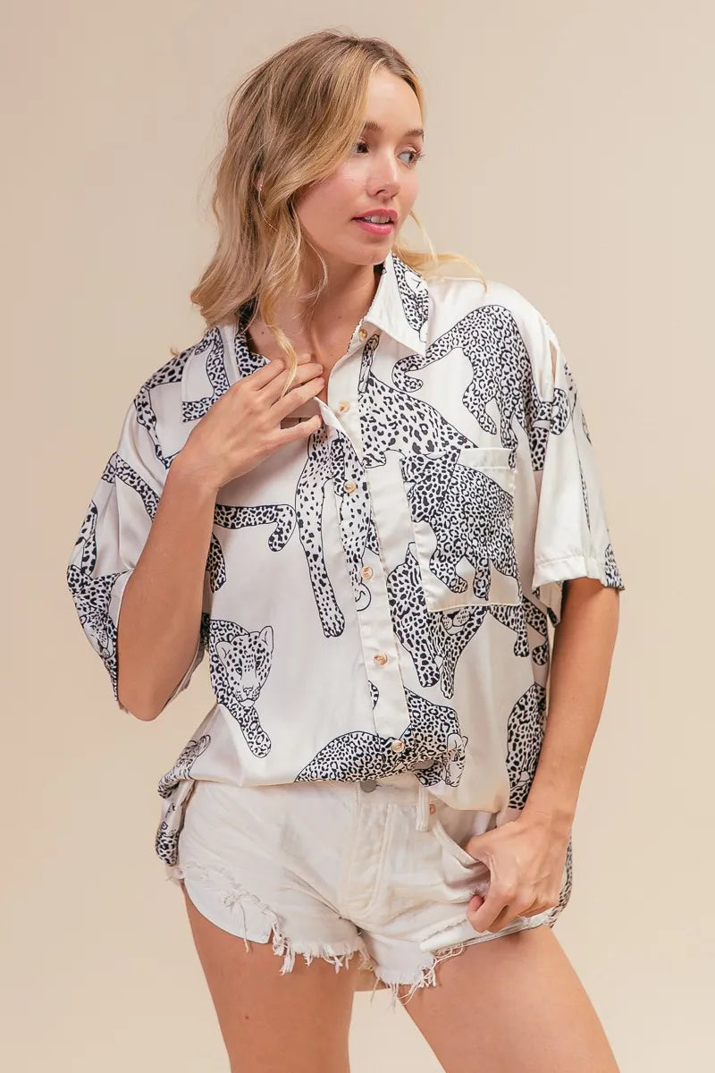 BiBi Oatmeal Leopard Print Short Sleeve Silky Satin Shirt Top