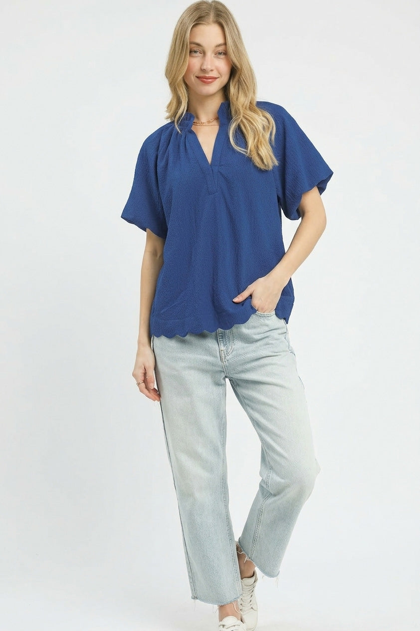 Umgee Ocean Scalloped Hem Textured Blouse