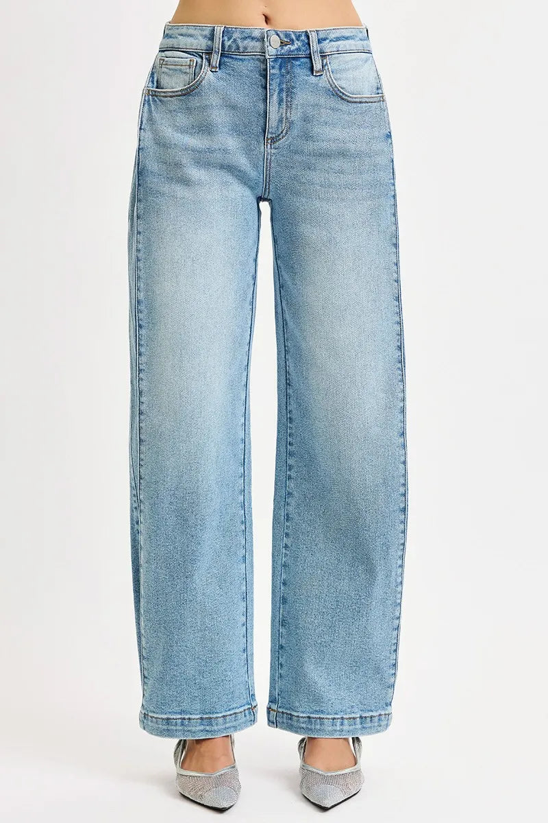 RISEN Medium Washed Mid Rise Wide Barrel Transferable Leg Snap Jeans