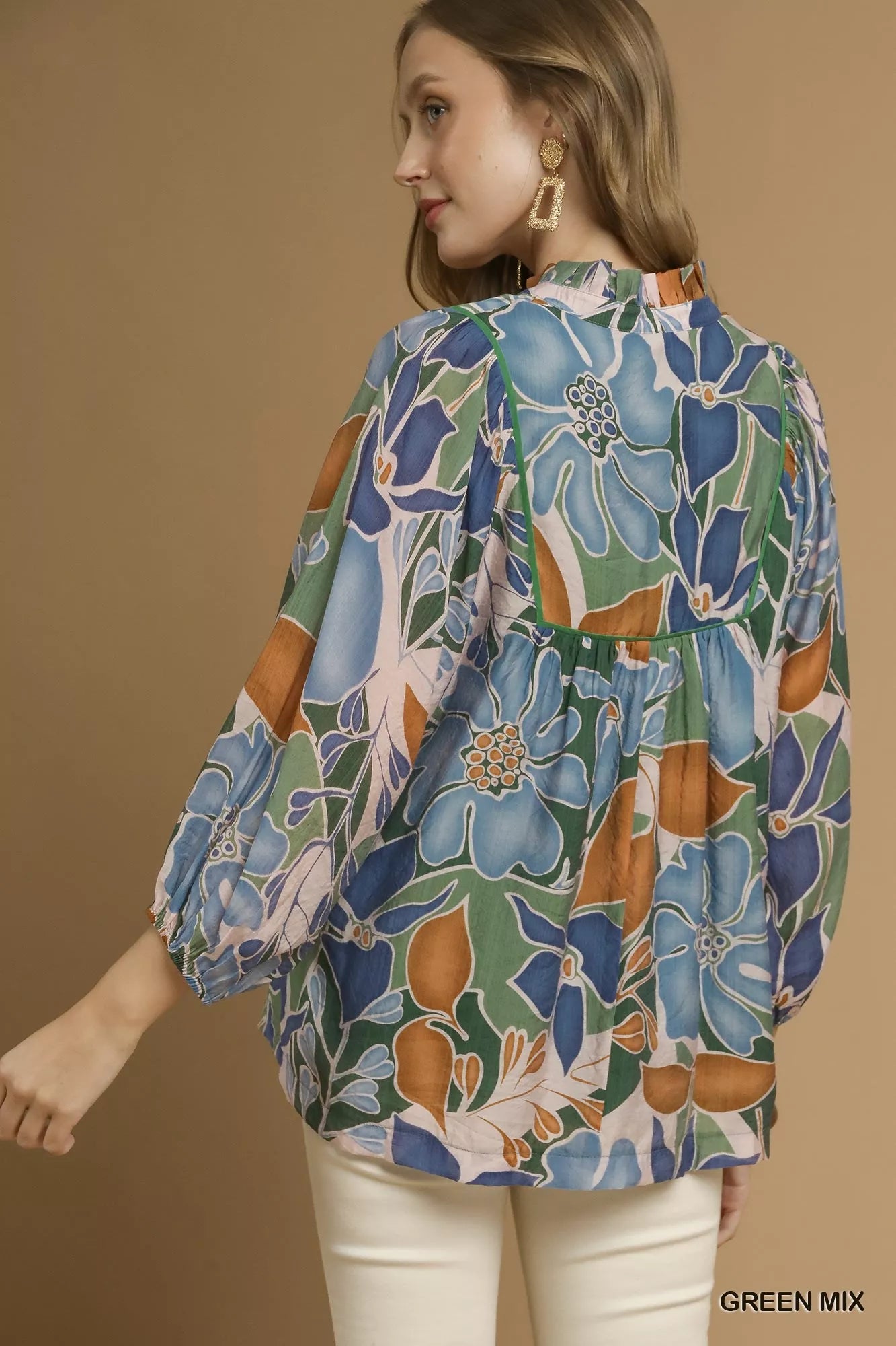 Umgee Green Mix Multicolor Abstract Floral Print Blouse with Ruffle Neck