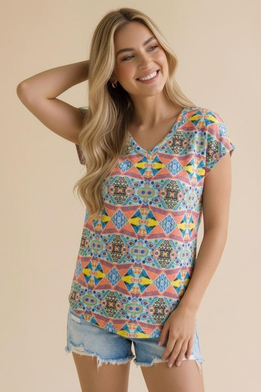 Haptics Boho Mosaic V-Neck Tee in Sunset Hues