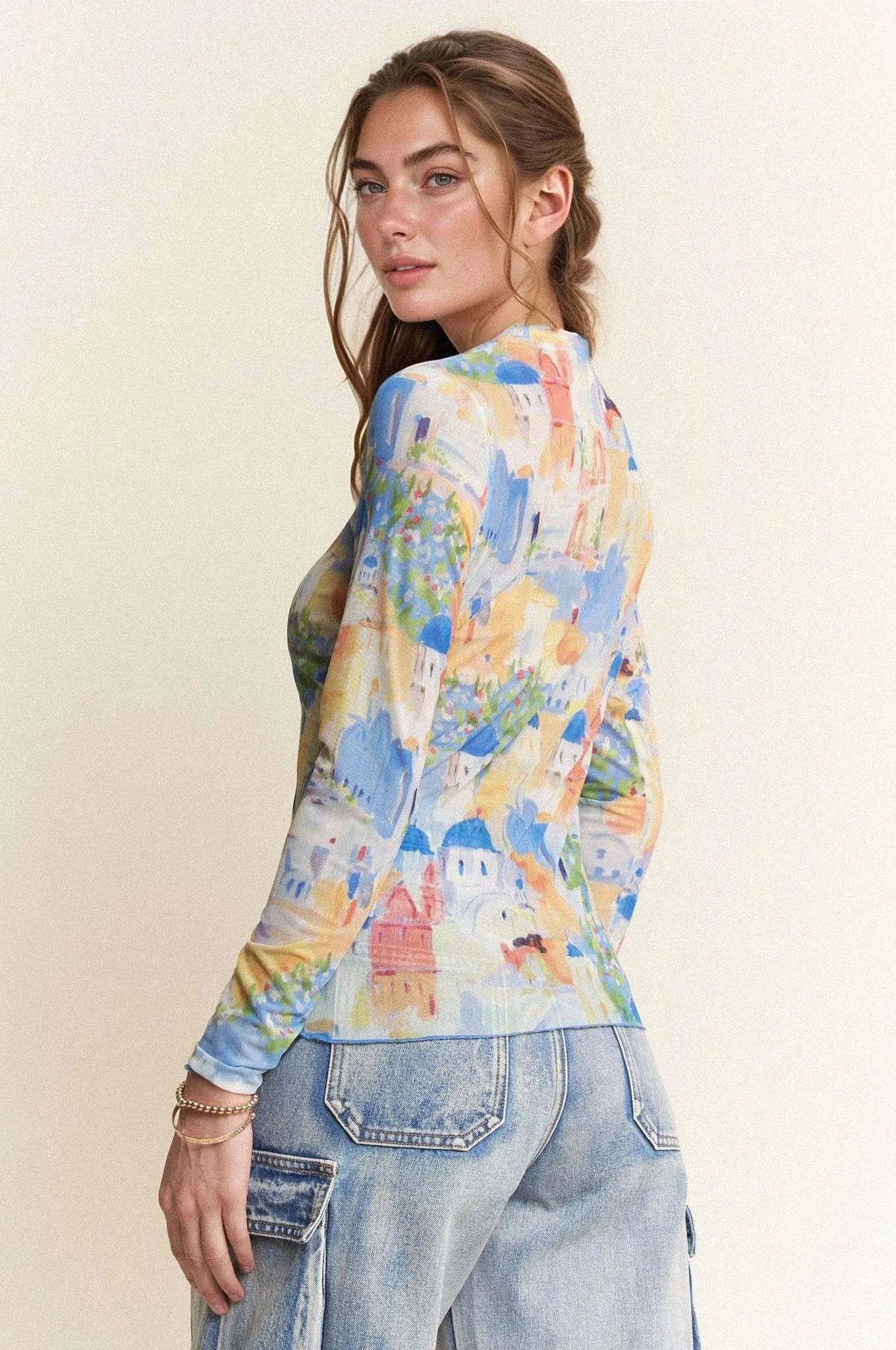 Davi & Dani Cobalt Multi Printed Mesh Round Neck Long Sleeve Top