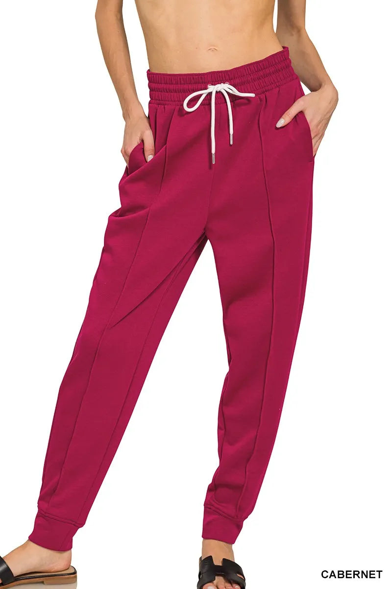 Zenana Cabernet Drawstring Center Seam Scuba Jogger Sweatpants with Pockets