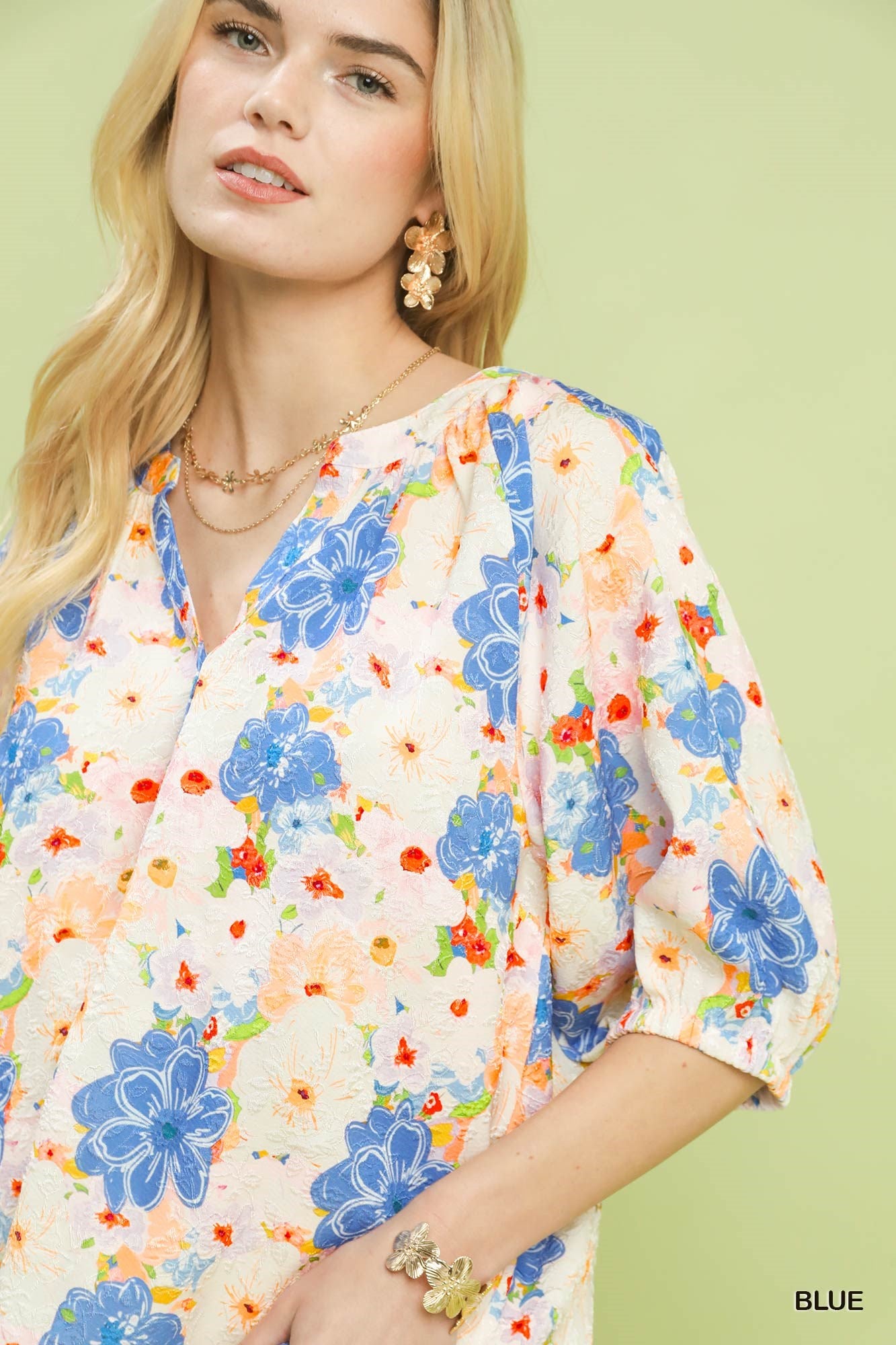 Umgee Blue Mixed Floral Print Buttoned Blouse