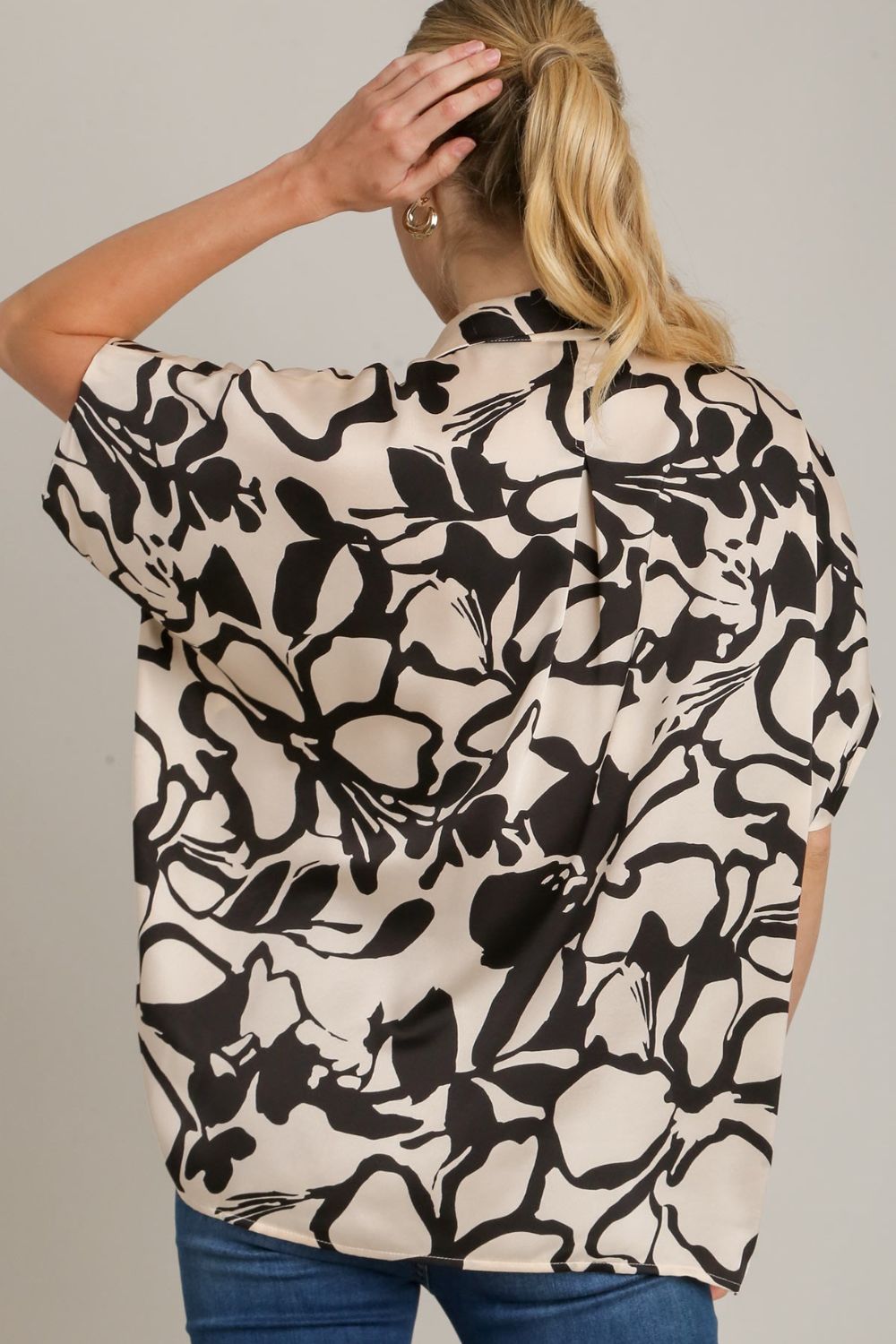 Umgee Two Tone Print Button Down Top with Hidden Plackets