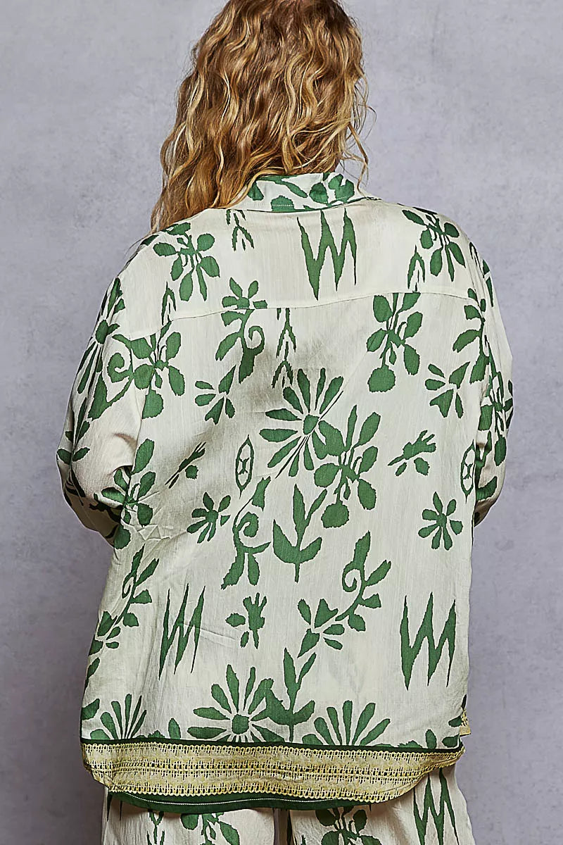 POL Button Down Floral Long Sleeve Shirt – Ivory/Green Floral