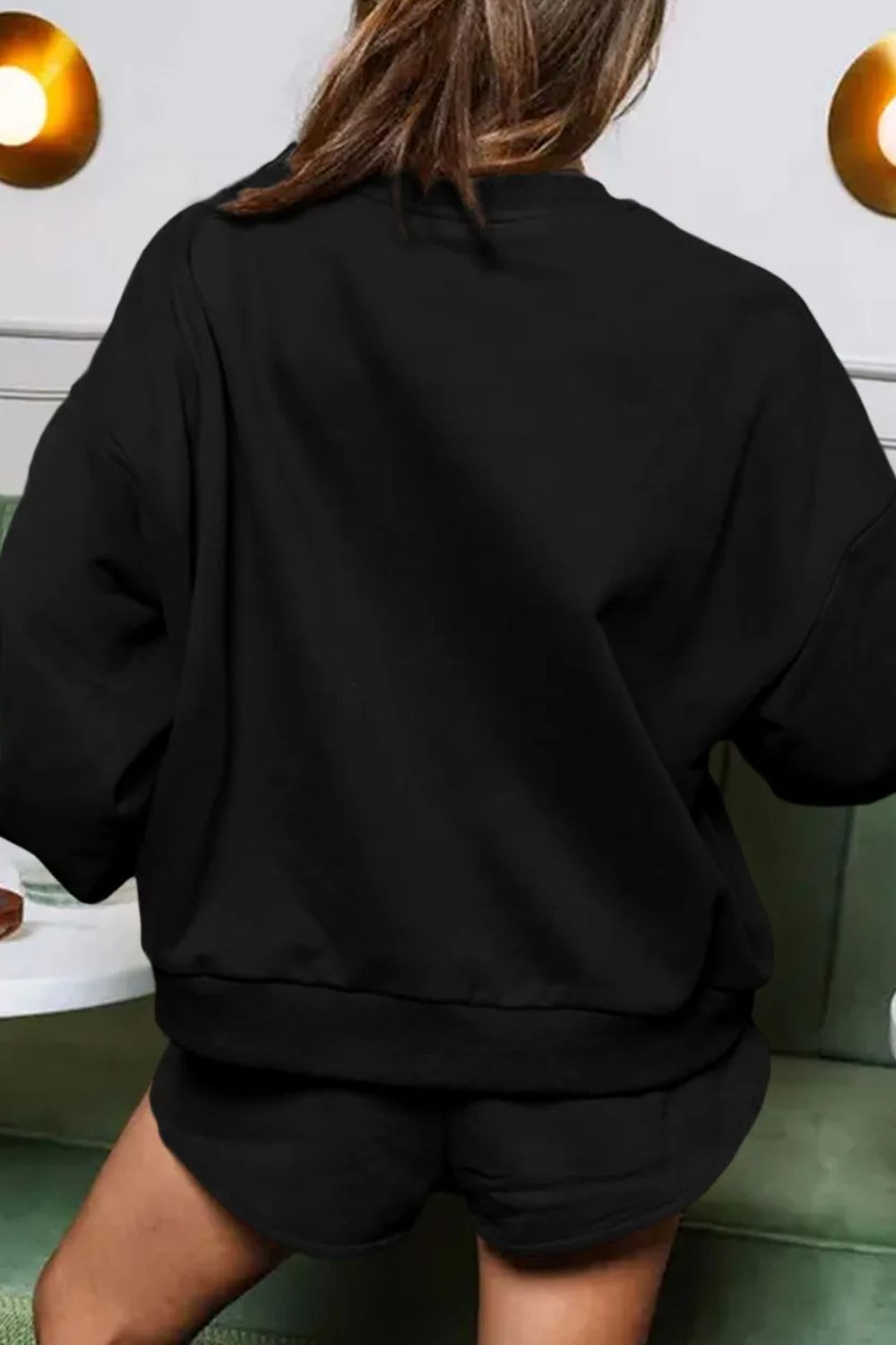 Preorder: COFFEE Sequin Round Neck Long Sleeve Top and Shorts Set Loungewear