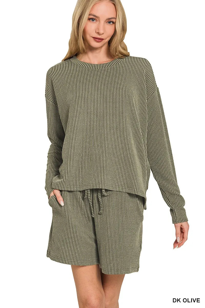 Zenana Dark Olive Corded Rib Long Sleeve Tee and Shorts Set DK OLIVE