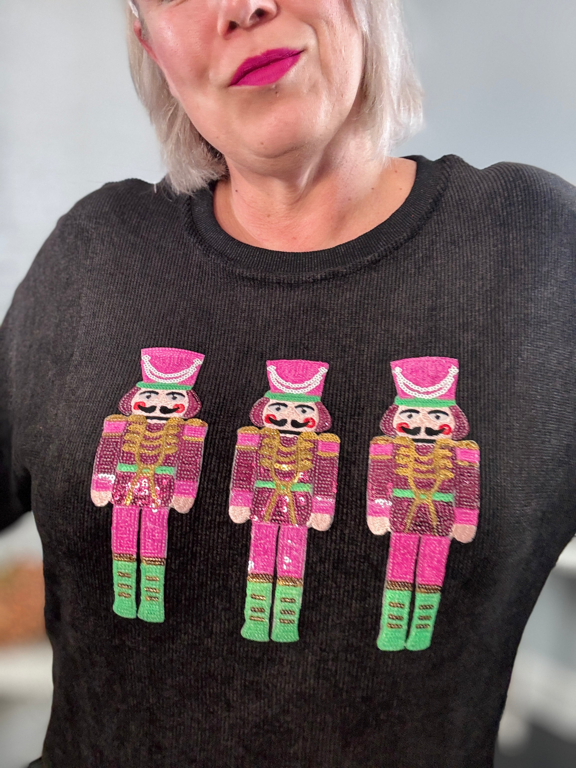 Ruby Idol Pink Sequin Nutcracker Ribbed Round Neck Long Sleeve Sweatshirt Shirts & Tops