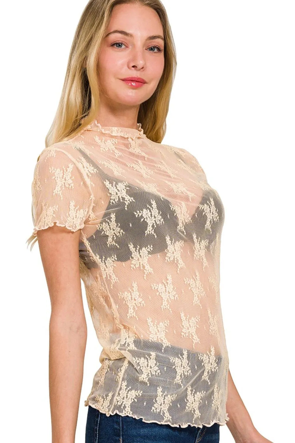 Zenana Nude Lace See-through Layering Short Sleeve Top