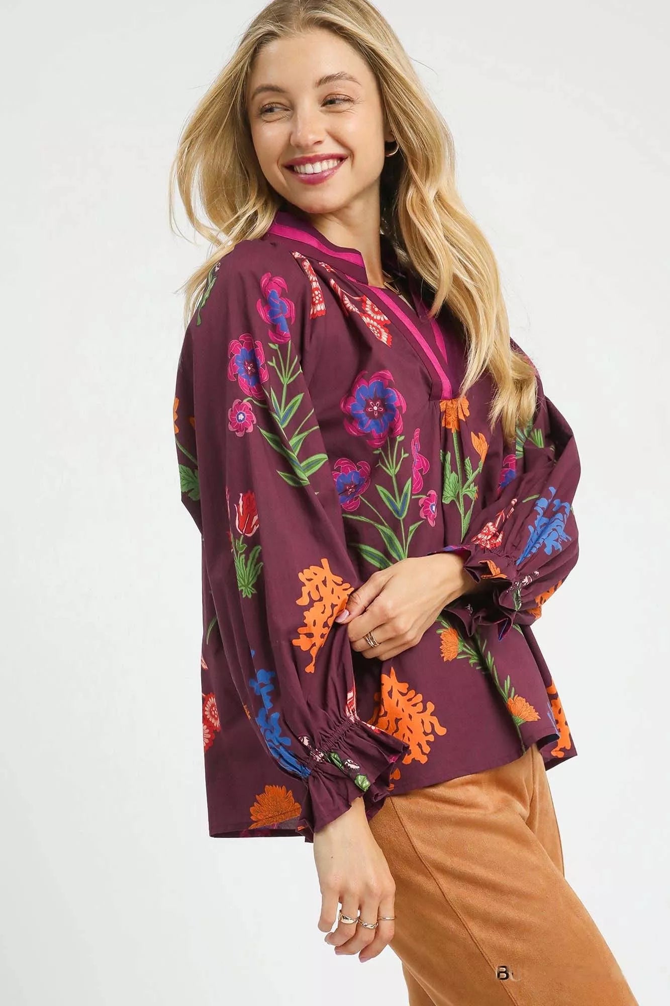 Umgee Burgundy Mix Floral Print Flounce Sleeve Blouse
