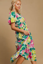 Umgee Mint Tiered Floral Print Notched Puff Sleeve Midi Dress