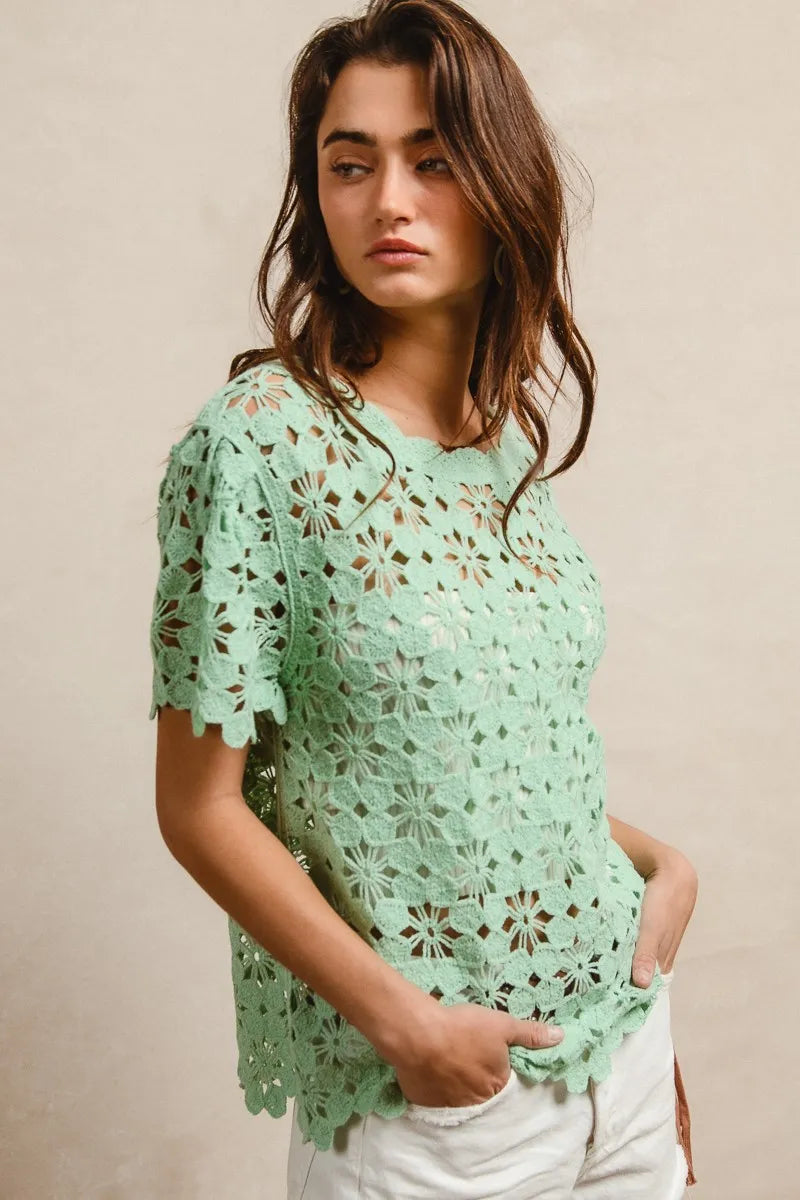 BiBi Light Green Openwork Crochet Short Sleeve Knit Top LT GREEN