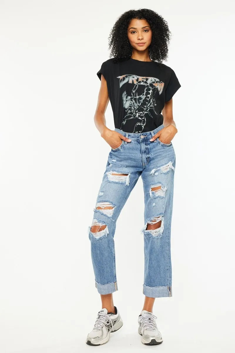 Kancan Mid Rise Distressed Boyfriend Fit Jeans MEDIUM