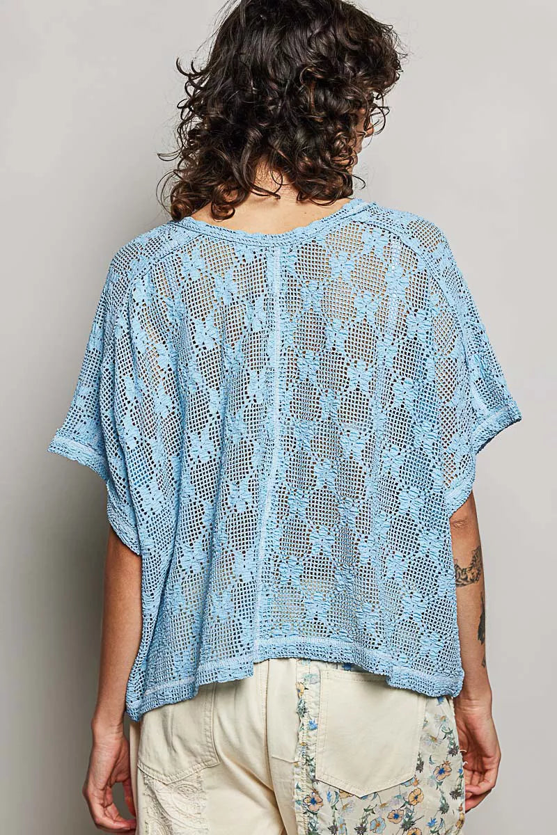 POL Cornflower Blue Crochet Lace Short Sleeve Top