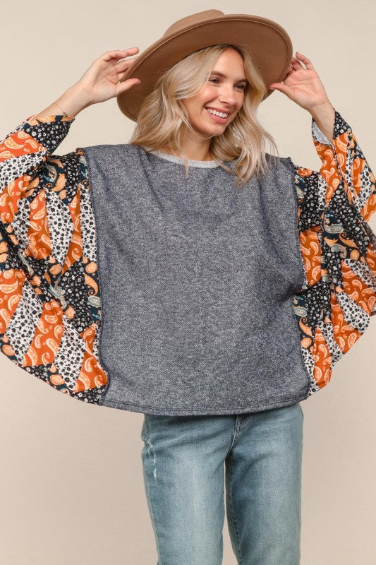 Haptics Two-tone Paisley French Terry Poncho Top