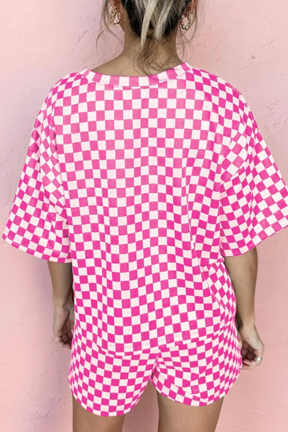 Preorder: Fuchsia Pink Checkered Round Neck Top and Shorts Two-Piece Set