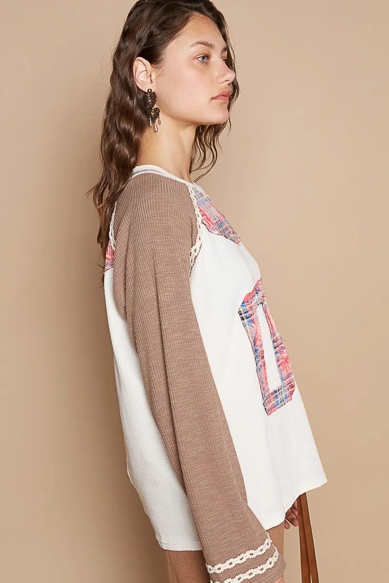 POL Mocha Plaid Number 06 Raglan Sleeve T-Shirt