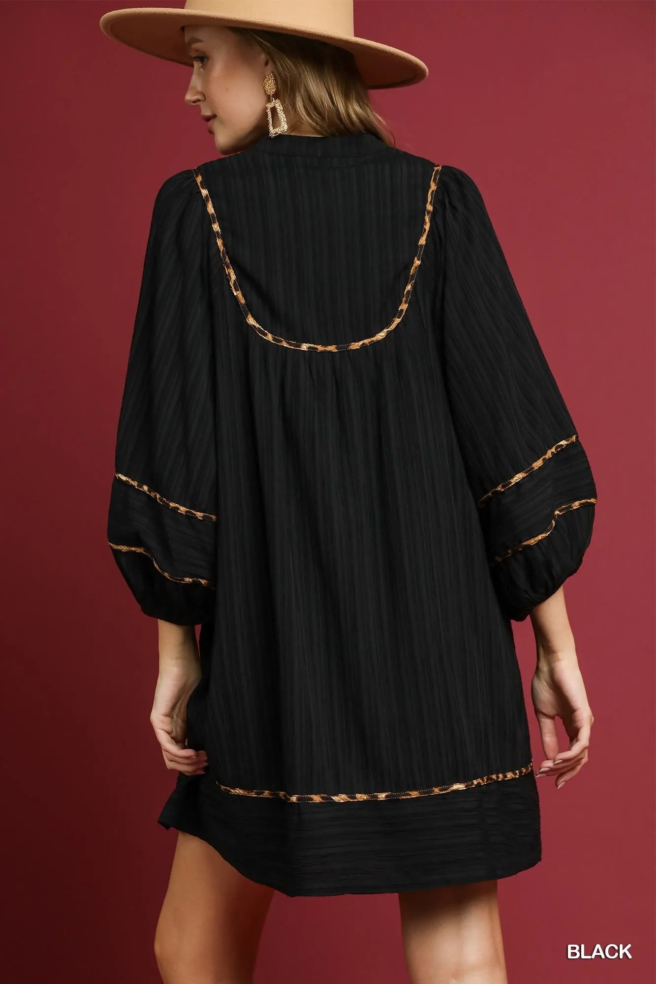 Umgee Black Textured Babydoll Dress with Leopard Trim