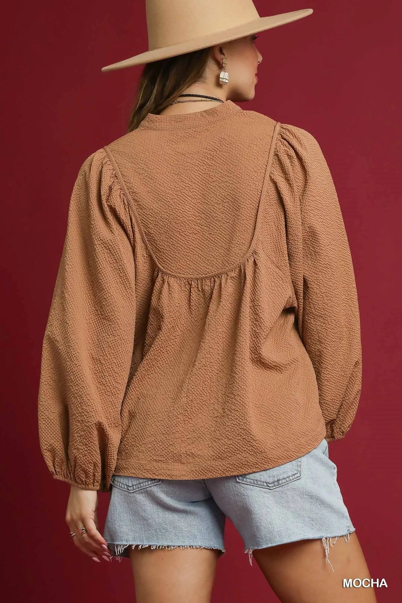 Umgee Mocha Textured Notched Blouse with Balloon Sleeves