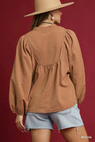 Umgee Mocha Textured Notched Blouse with Balloon Sleeves