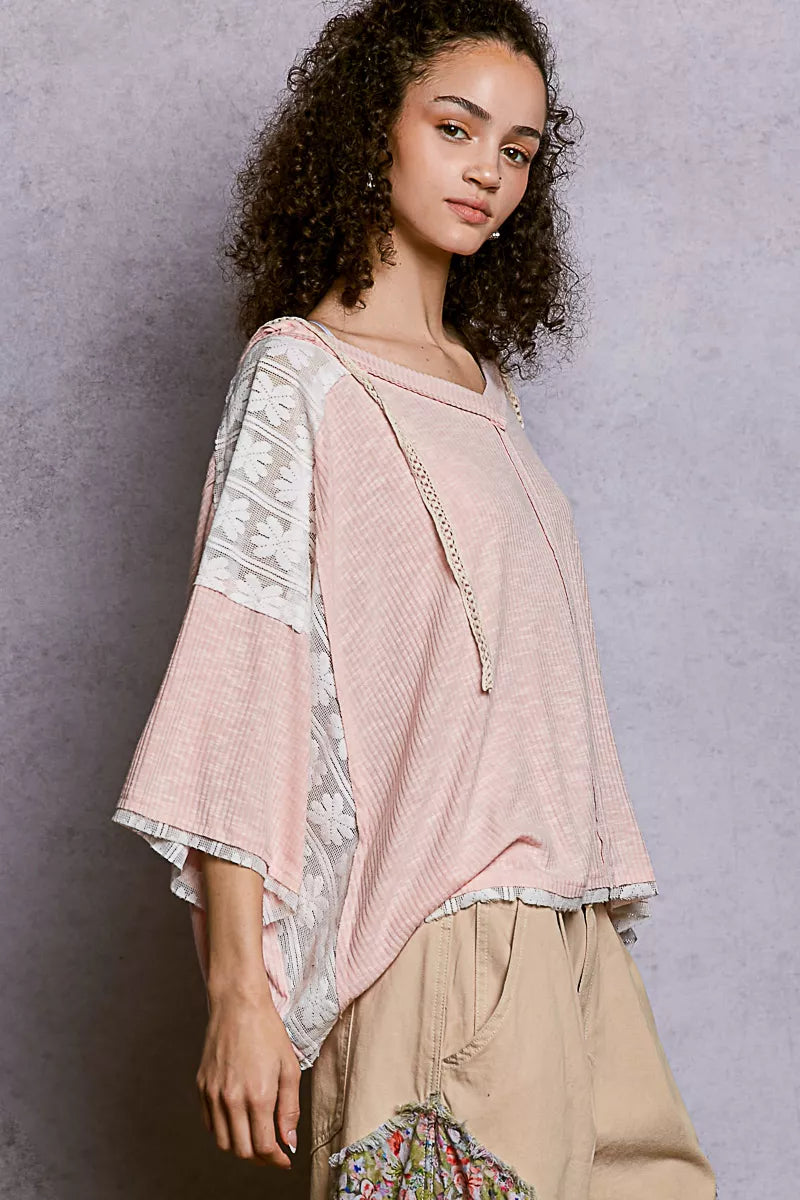 POL Blush Pink Short Sleeve Hoodie Top with Lace Detail