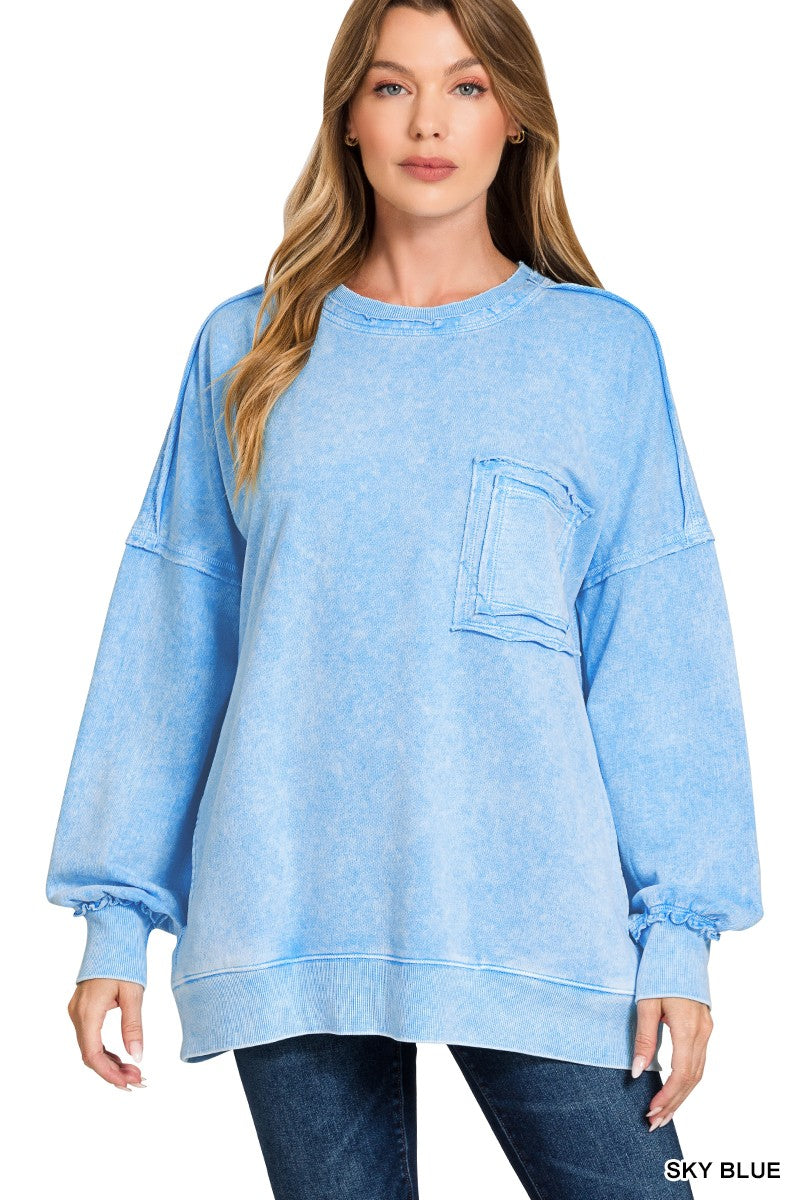 Zenana Sky Blue Halo Washed French Terry Exposed-seam Sweatshirt SKY BLUE