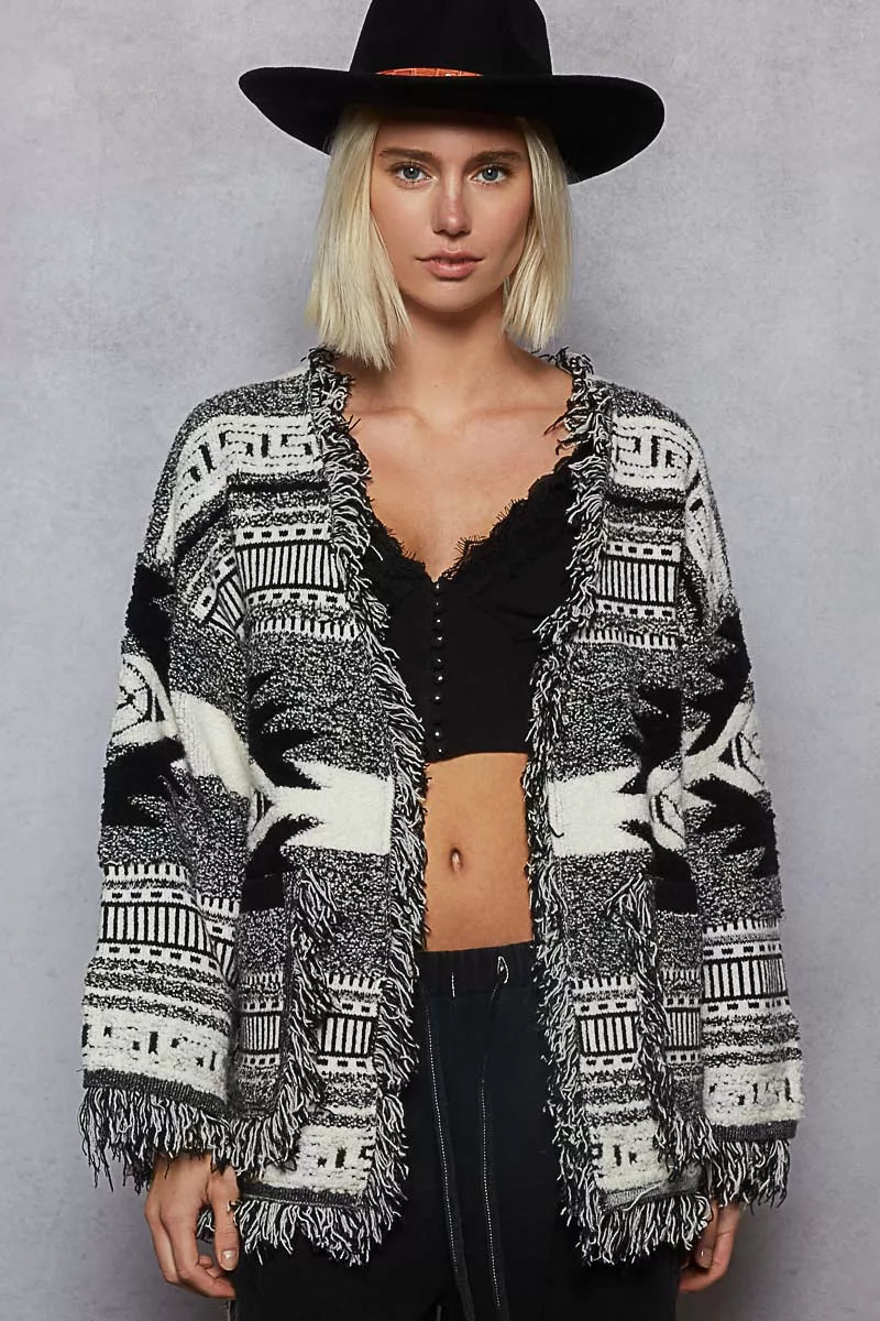 POL Black Multi Open Front Geometric Print Cardigan with Fringe Detail BLACK MULTI