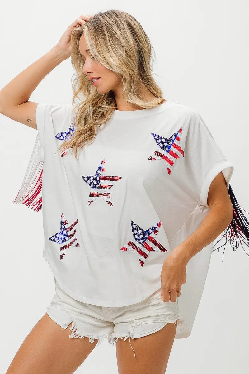 BiBi American Flag Sequin Star Fringe Top