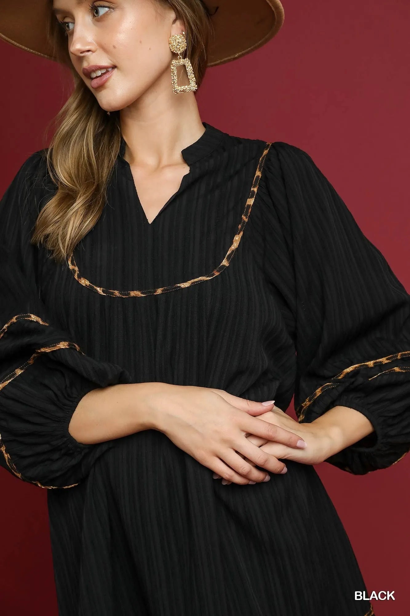 Umgee Black Textured Babydoll Dress with Leopard Trim