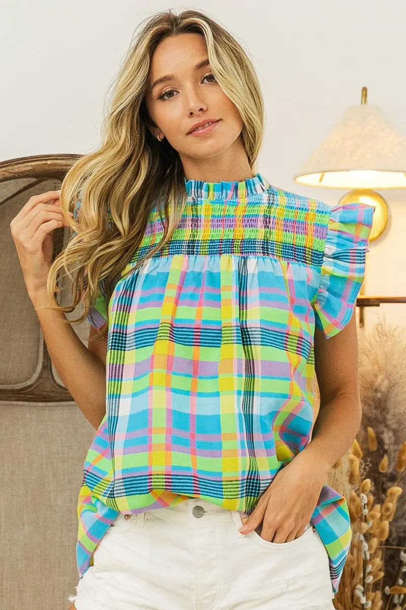 BiBi Blue and Yellow Multi Color Check Plaid Woven Blouse LT BLUE YELLOW