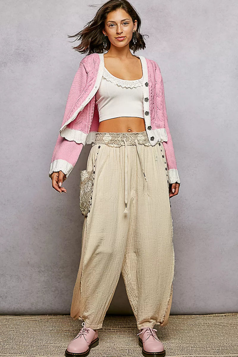 POL Baby Pink Button Down Cable-Knit Cardigan with Contrast Border Accents