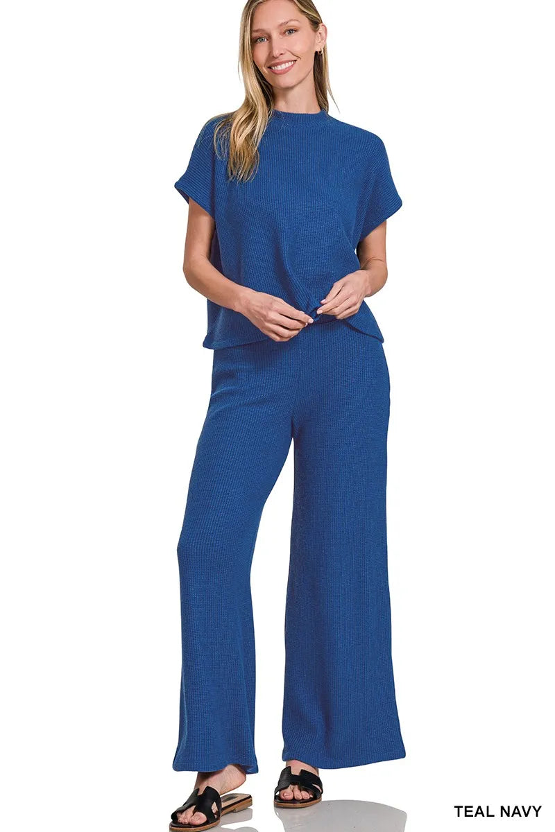 Zenana Dusty Teal Sweater Boxy Top & Long Pants Set