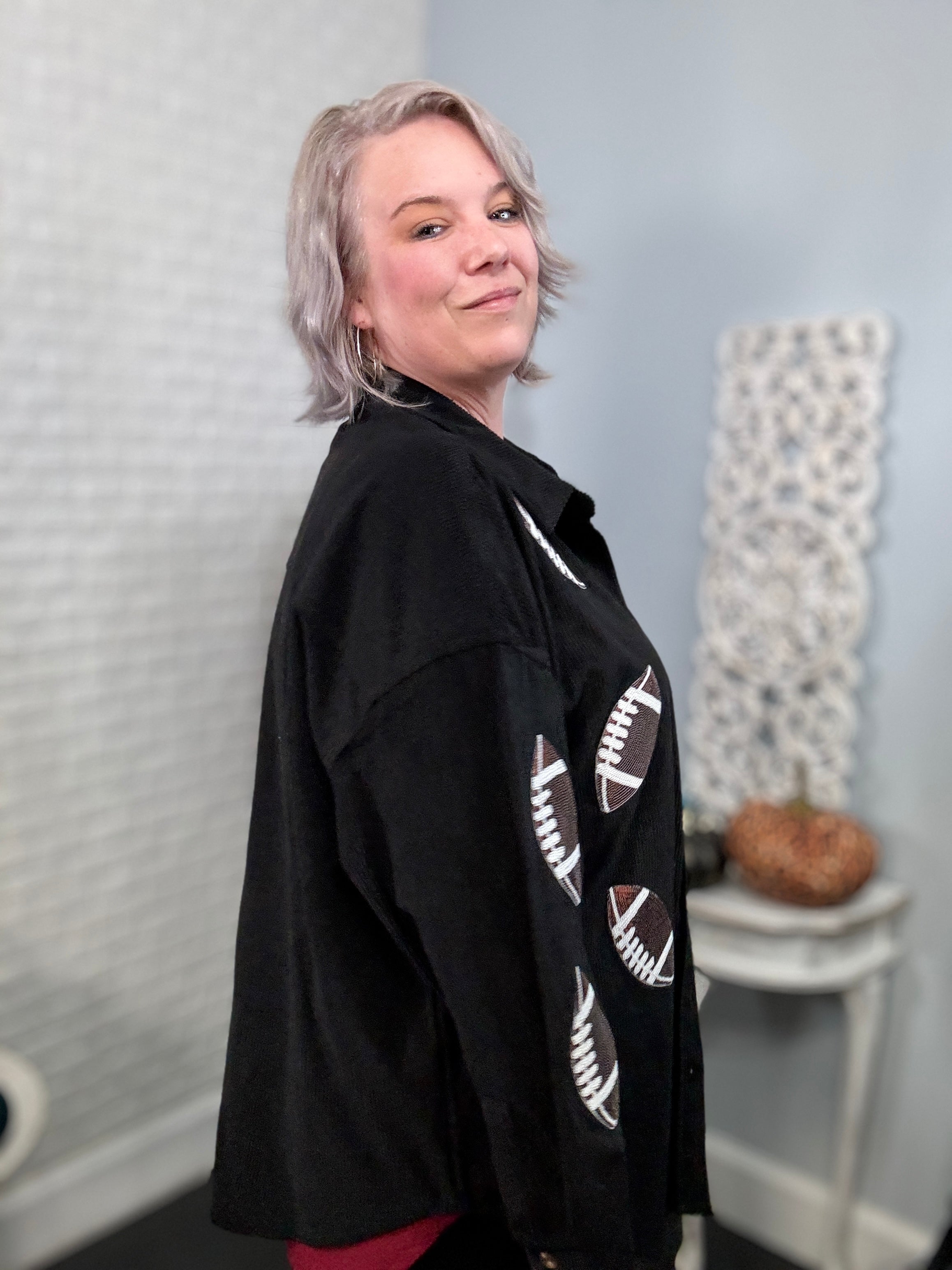 Preorder: Ruby Idol Sequin Football Black Button Up Long Sleeve Corduroy Jacket Shirts & Tops