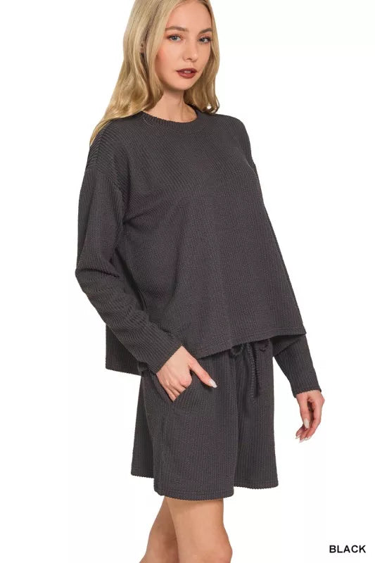Zenana Black Corded Rib Long Sleeve Tee and Shorts Set BLACK