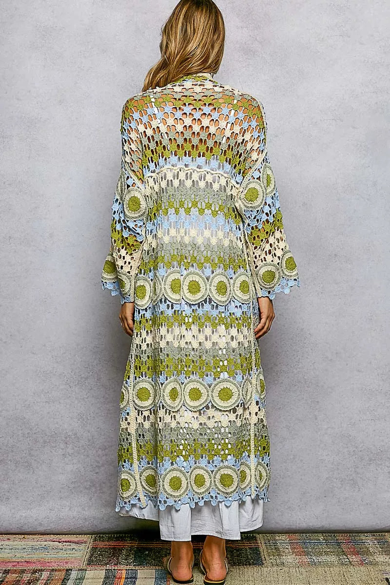 POL Scalloped Edge Open Front Crochet Cardigan with Colorful Stripe Pattern