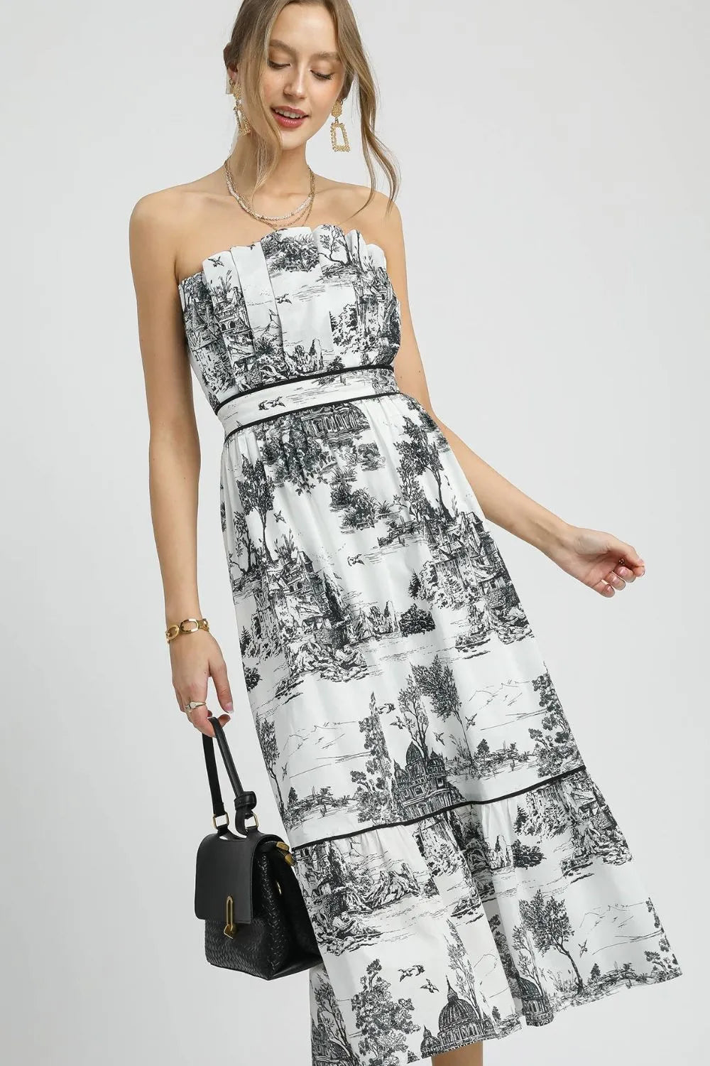 Umgee Toile de Jouy Printed Tiered Strapless Midi Dress