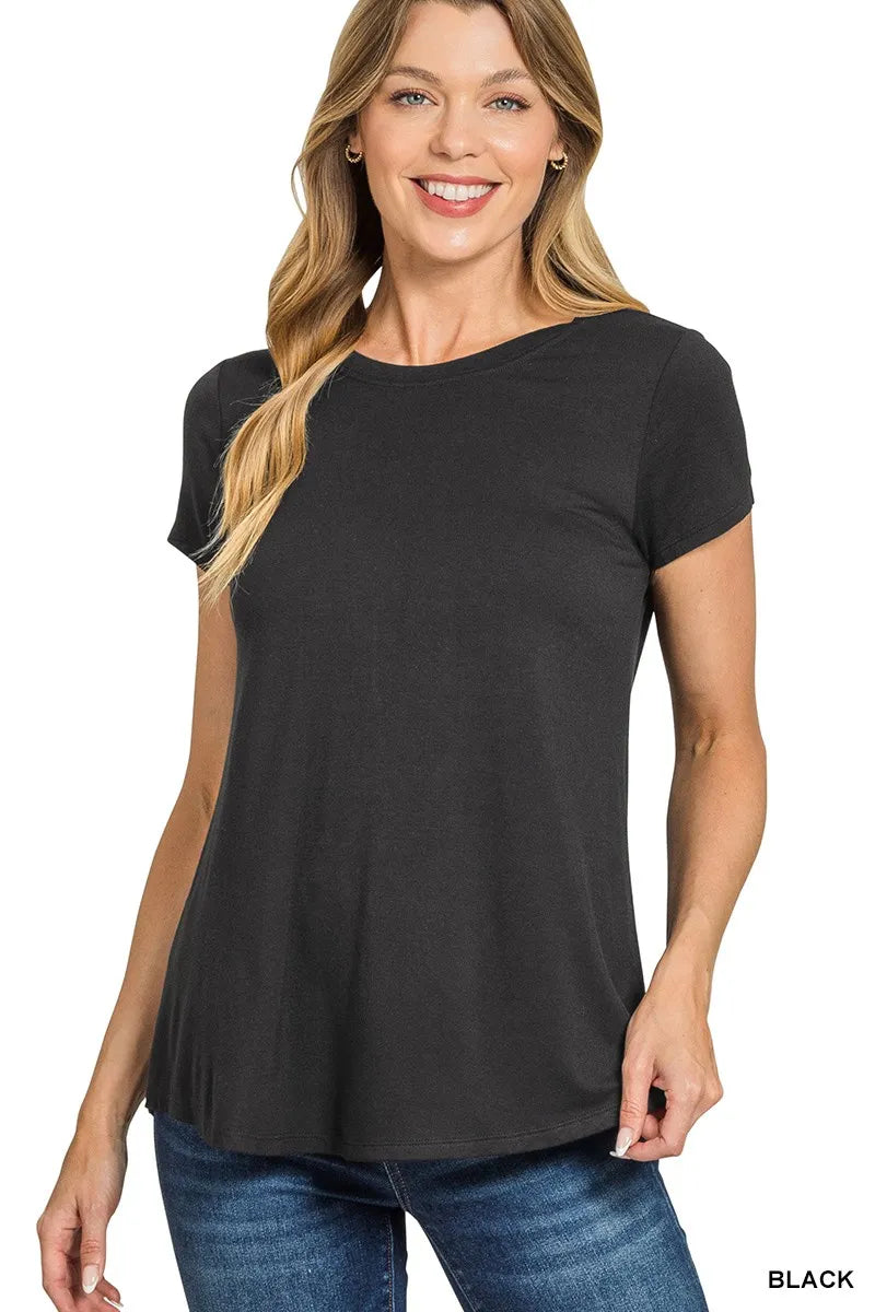 Zenana Black Flowy Round Hem Rayon Short Sleeve T-Shirt BLACK