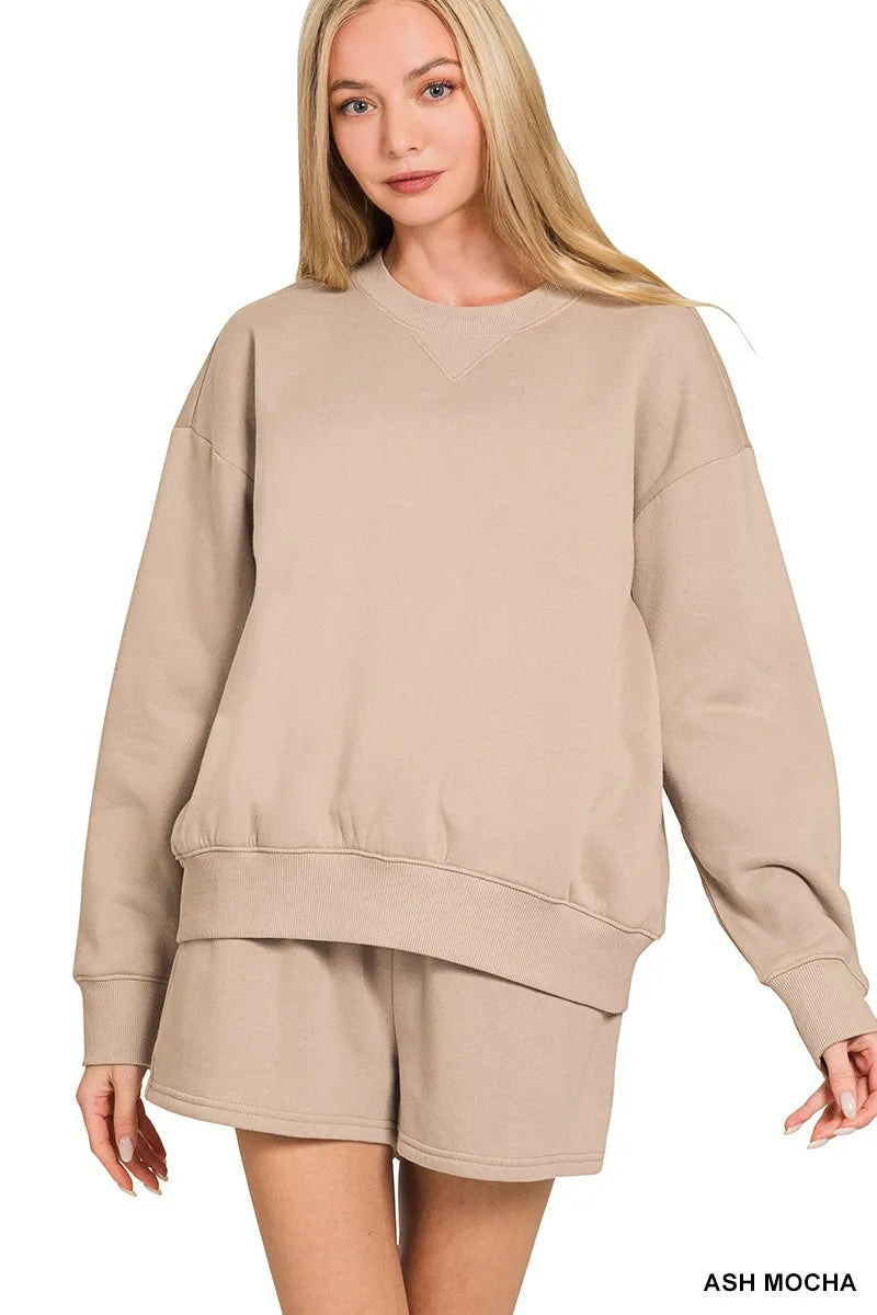 Zenana Ash Mocha Fleece Long Sleeve Sweatshirts & Shorts Set