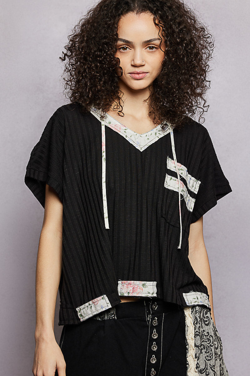 POL Black Short Sleeve Hooded Top with Back-Open & Pearl Detail BLACK